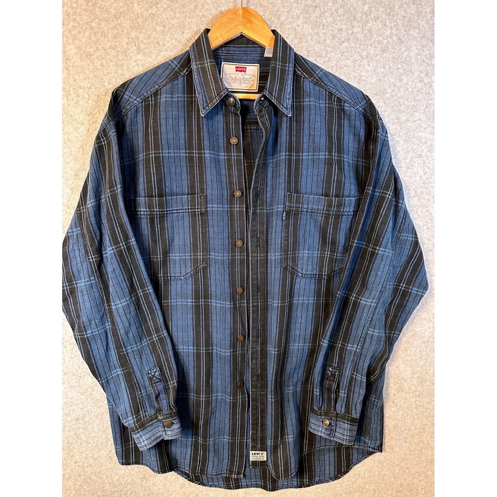 Vintage 90s Levi's Denim Shacket Men's Medium Oversized Blue Black Plaid Stripes